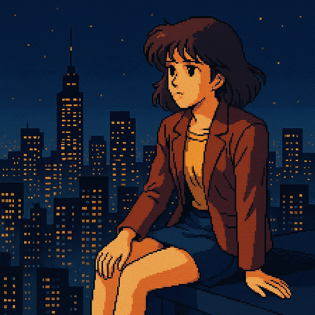 Anime Pixel Art Girl Rooftop Night 1