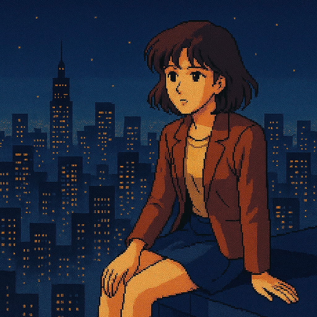 Anime Pixel Art Girl Rooftop Night 2