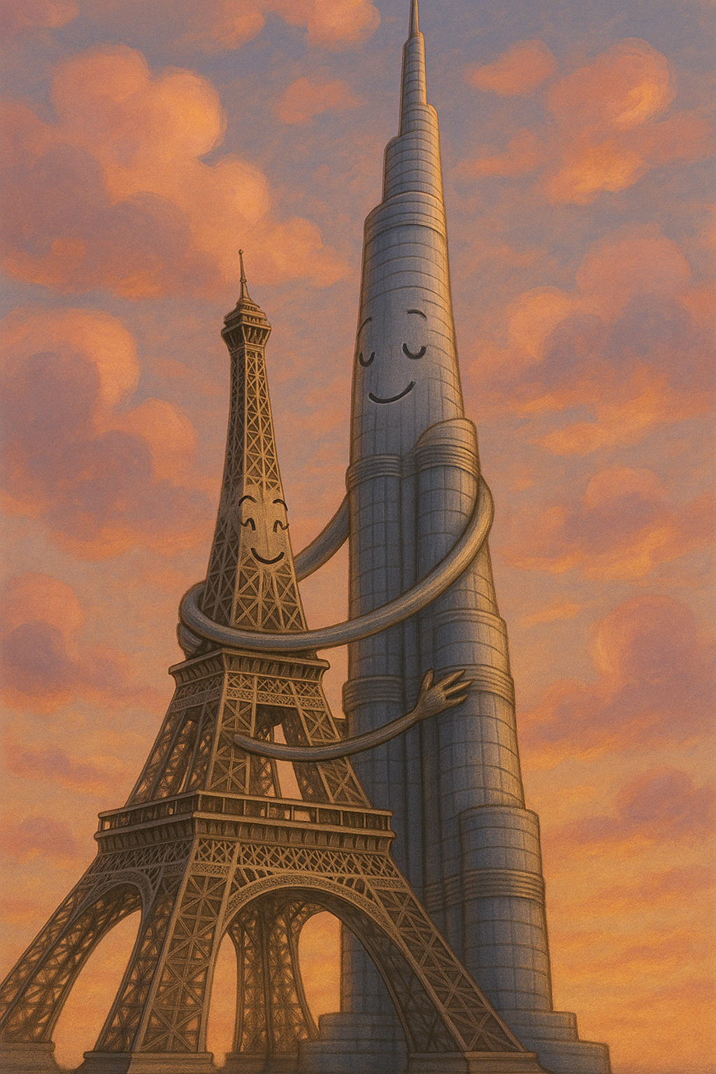 Eiffel Tower Burj Khalifa Hugging Illustration