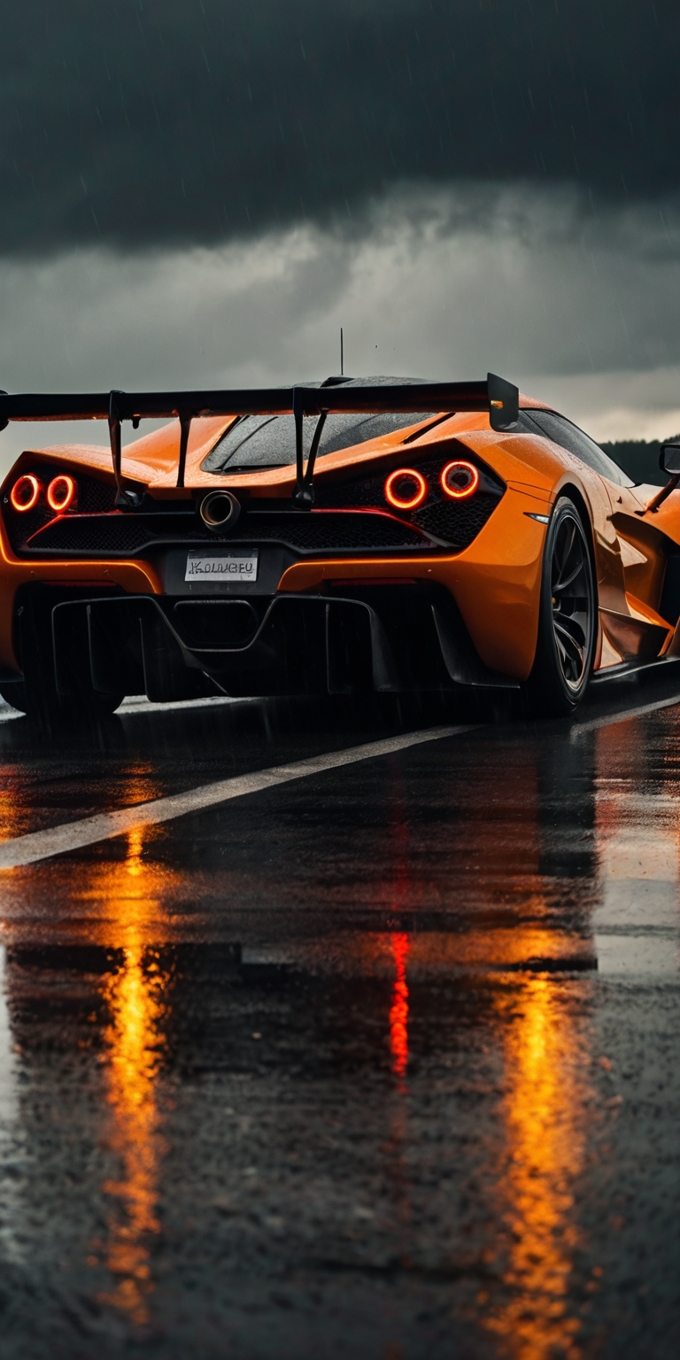 Orange Hypercar Rear View Rainy Track 1