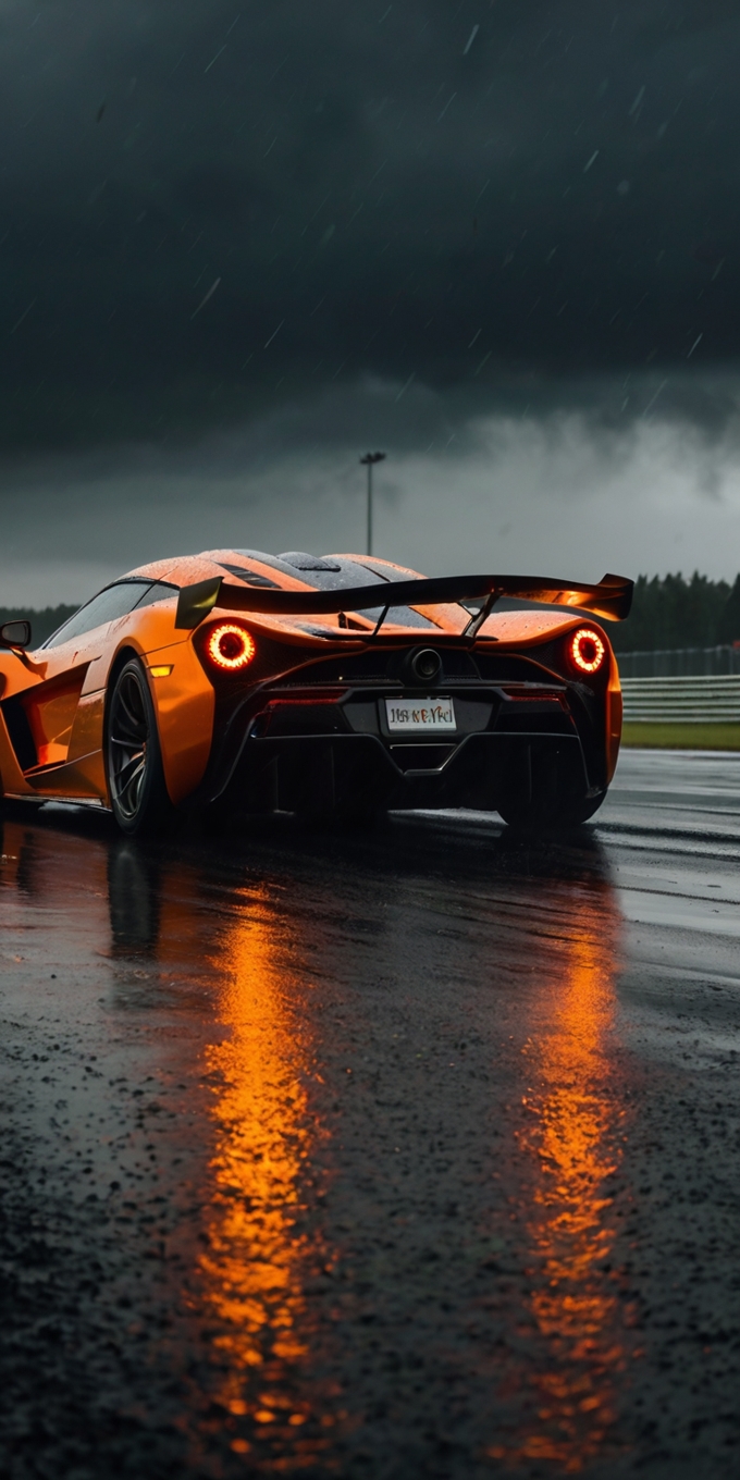 Orange Hypercar Rear View Rainy Track 2