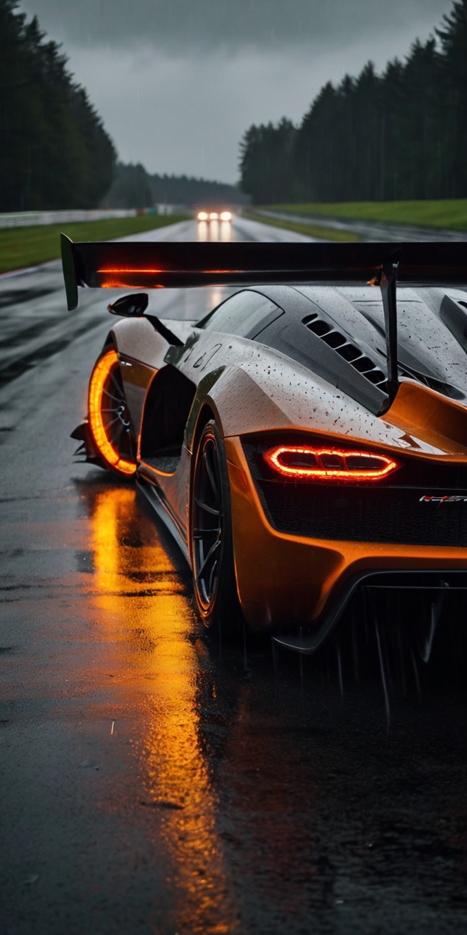Orange Hypercar Rear View Rainy Track 3