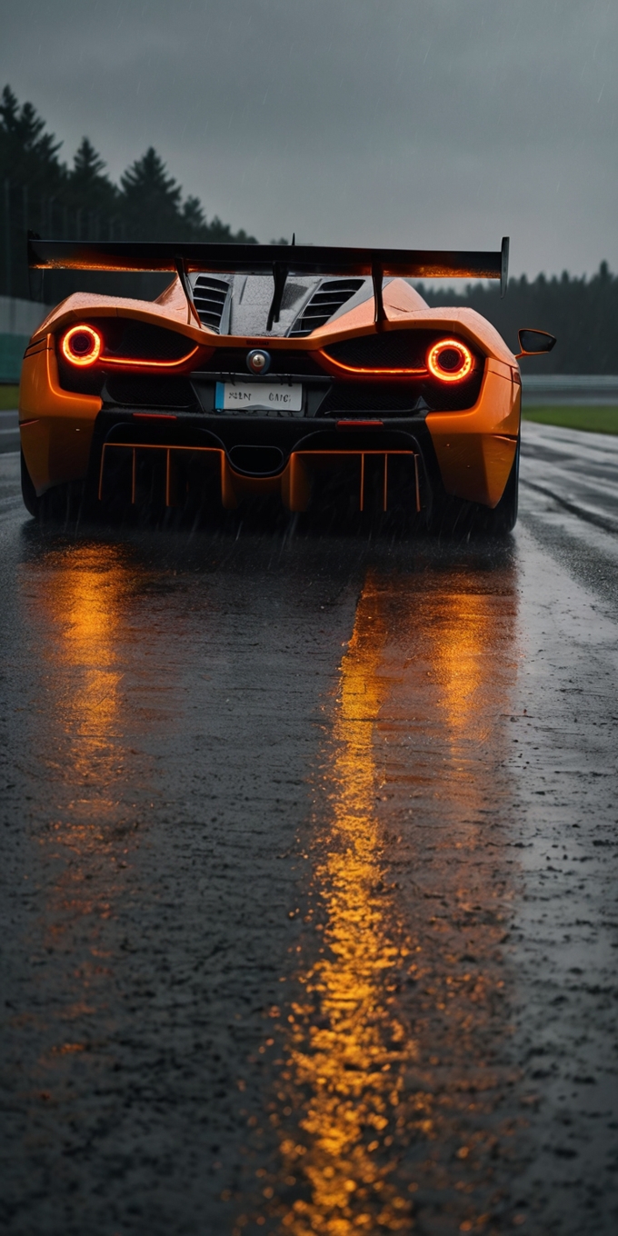 Orange Hypercar Rear View Rainy Track 4