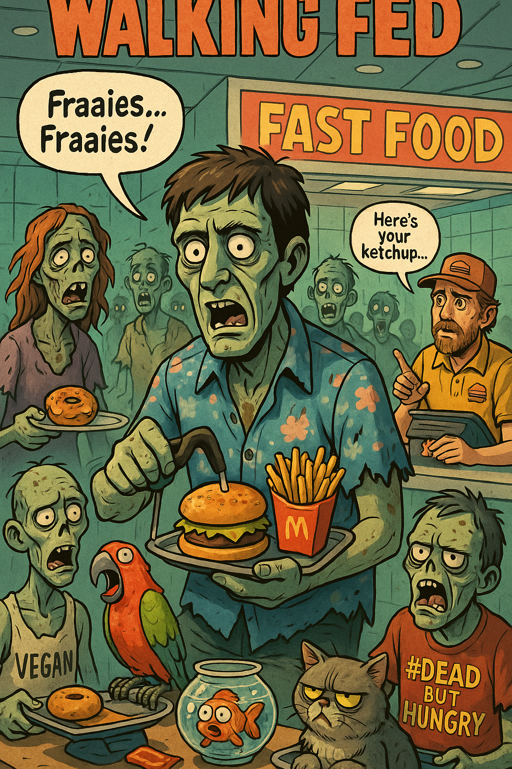 Walking Fed Zombie Fast Food Cartoon