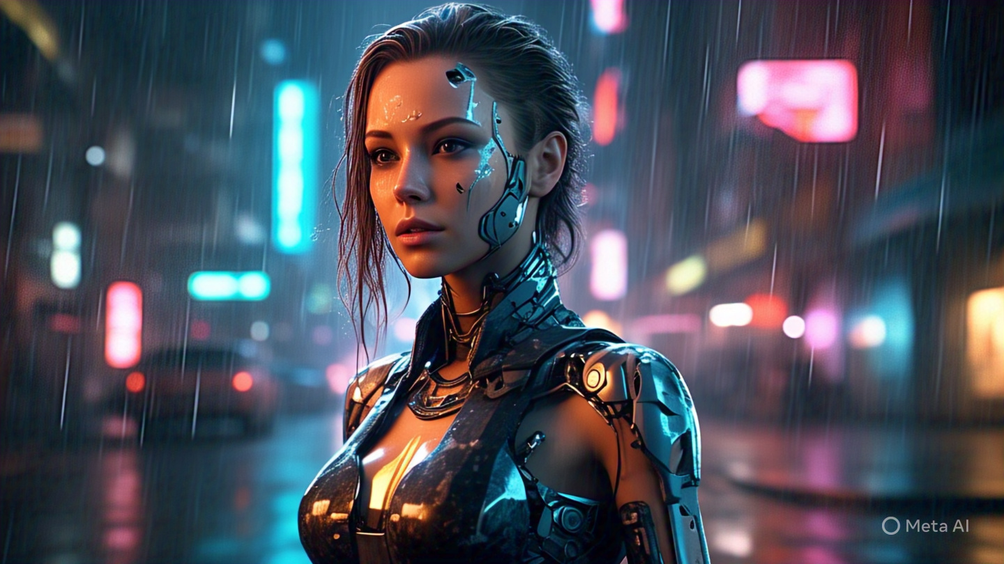 Female Android Human Like Features In Rainy Cyberpunk Street 1