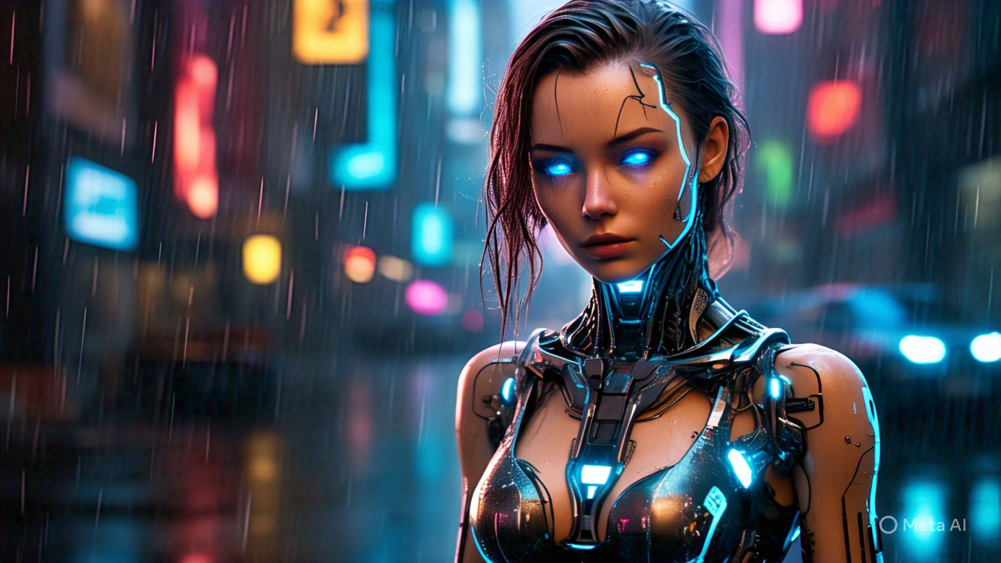 Female Android Human Like Features In Rainy Cyberpunk Street 2