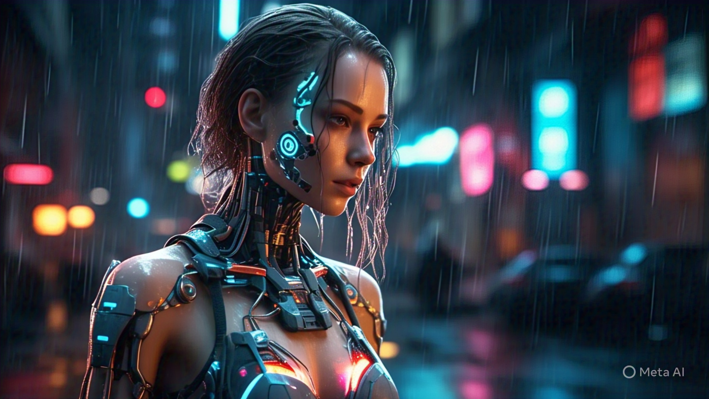 Female Android Human Like Features In Rainy Cyberpunk Street 3