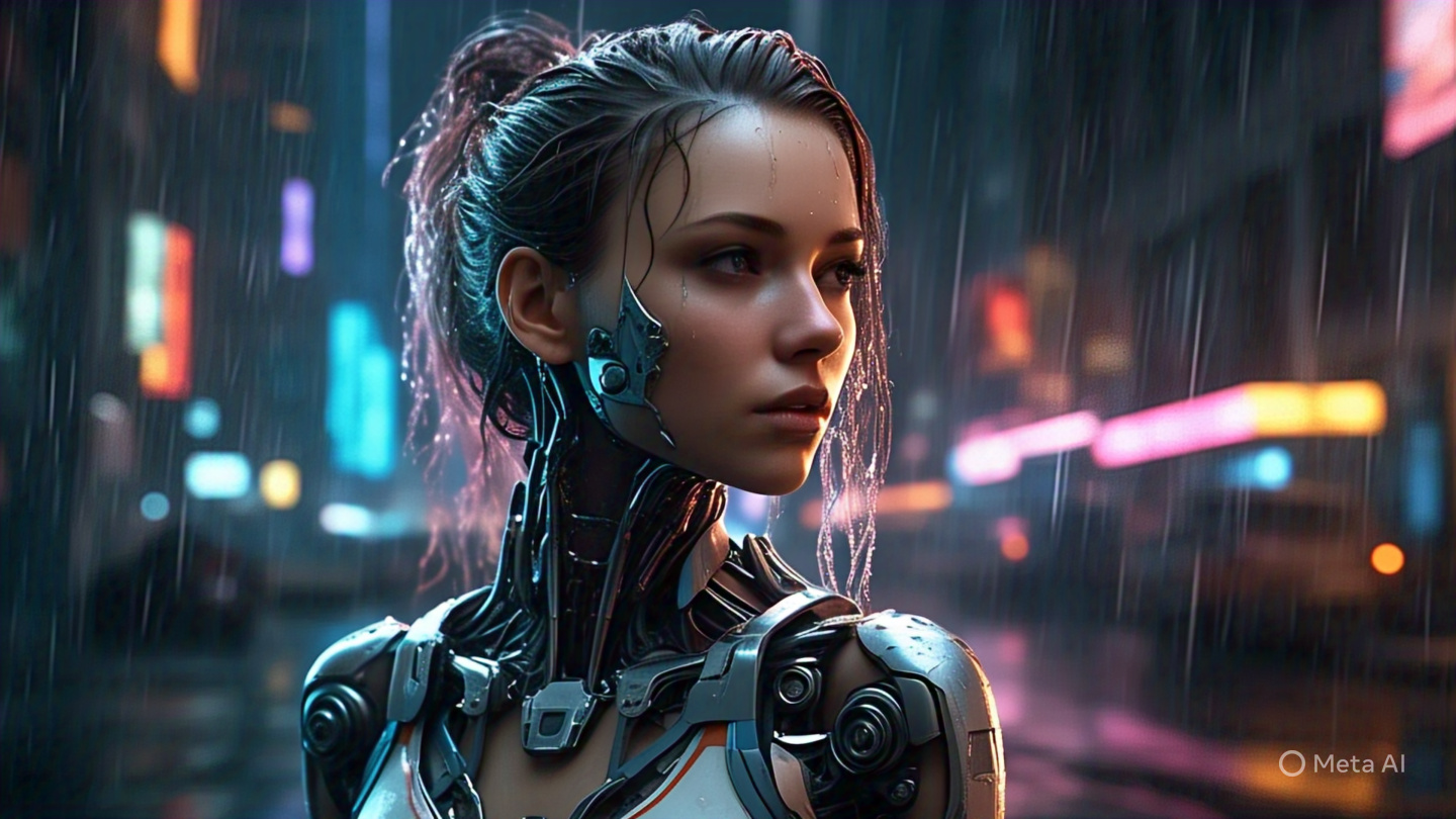 Female Android Human Like Features In Rainy Cyberpunk Street 4