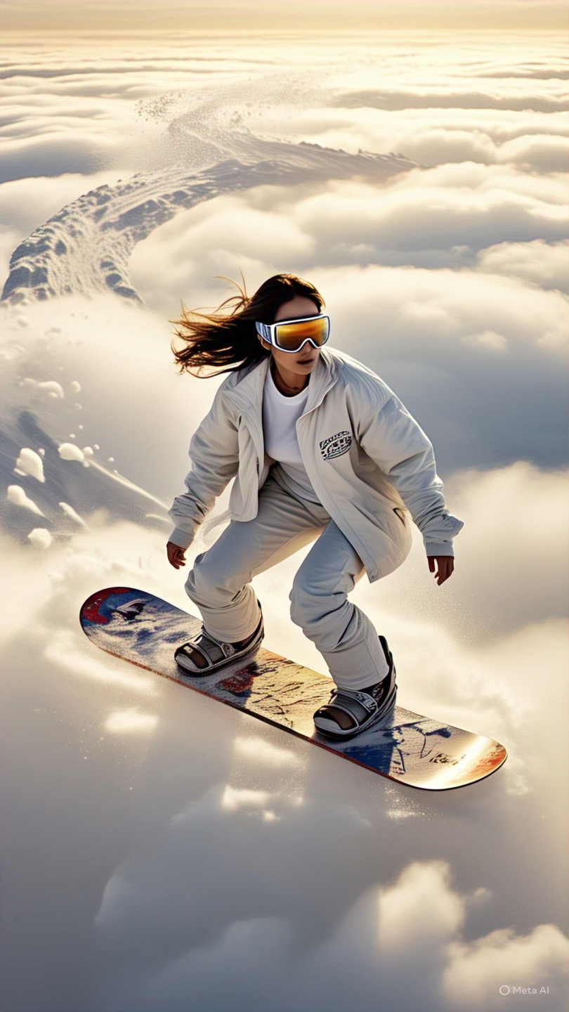 Female Snowboarder Riding Above Clouds At Sunrise 2
