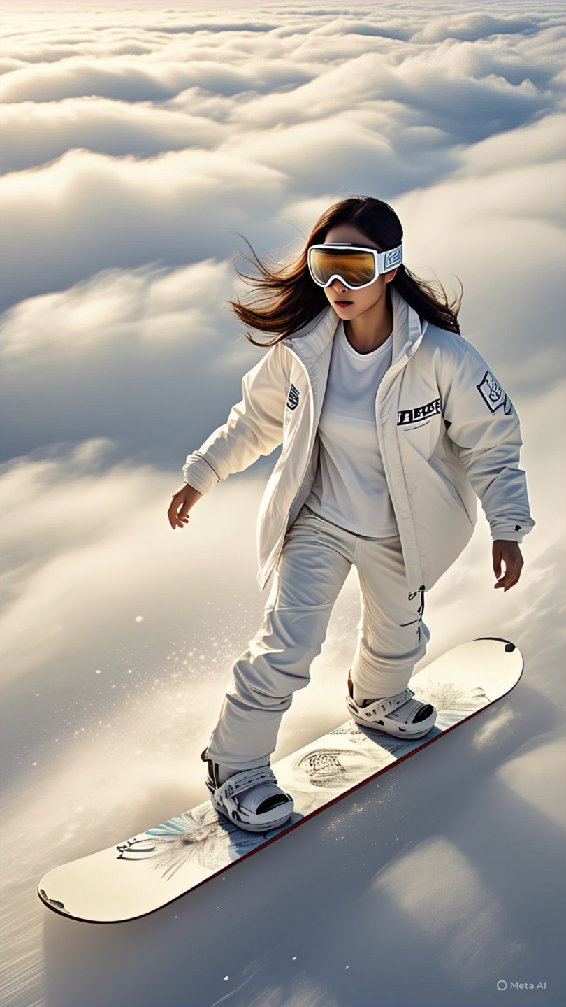 Female Snowboarder Riding Above Clouds At Sunrise 4