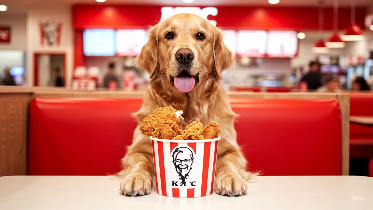 Golden Retriever Eating Burgers And Chicken In Fast Food Restaurant Video 1 – video thumbnail
