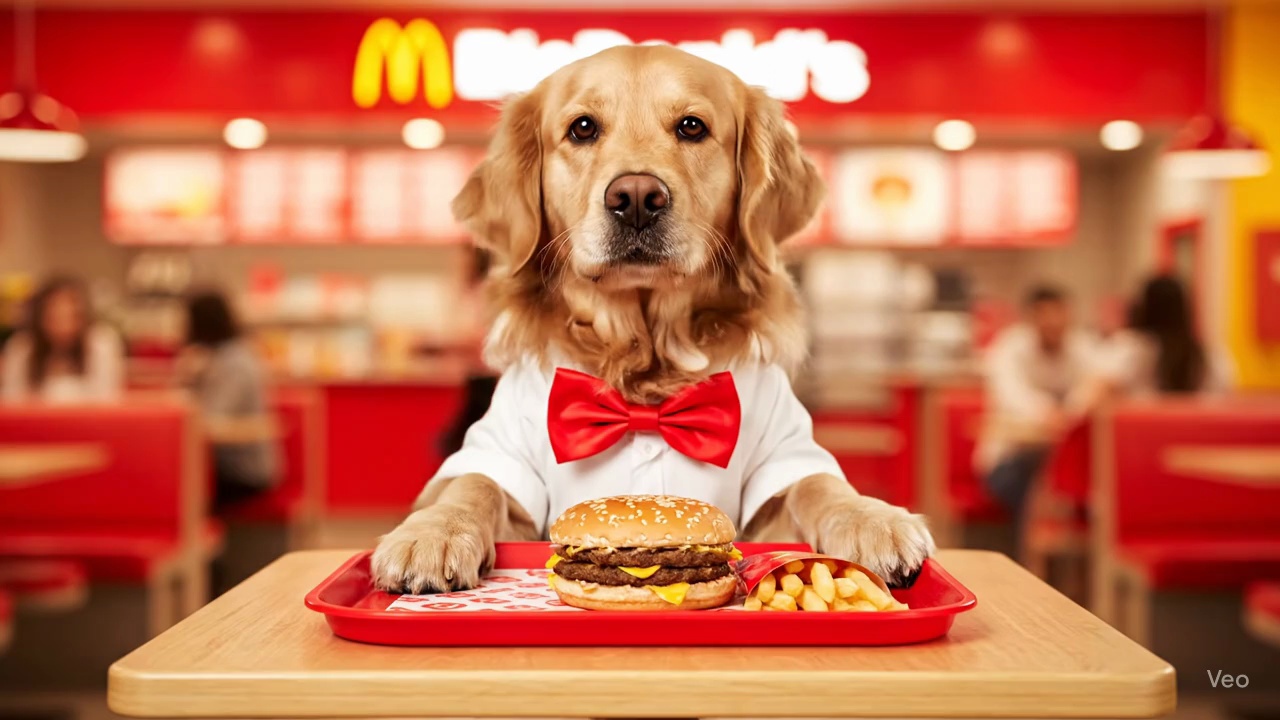 Golden Retriever Eating Burgers And Chicken In Fast Food Restaurant Video 2 Thumbnail