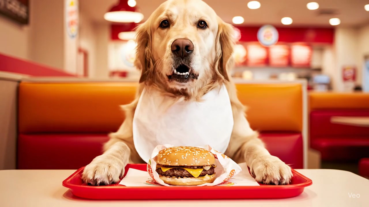 Golden Retriever Eating Burgers And Chicken In Fast Food Restaurant Video 3 Thumbnail