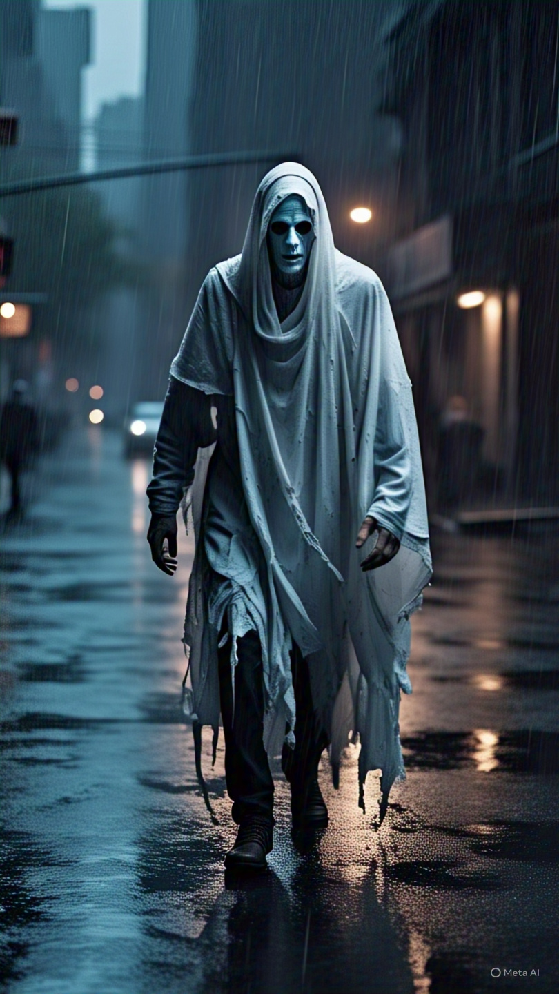 Realistic Ghost In Tattered Robes Walking Through Rainy City 1