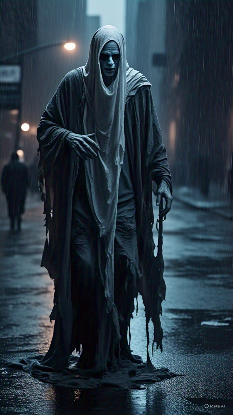 Realistic Ghost In Tattered Robes Walking Through Rainy City 2
