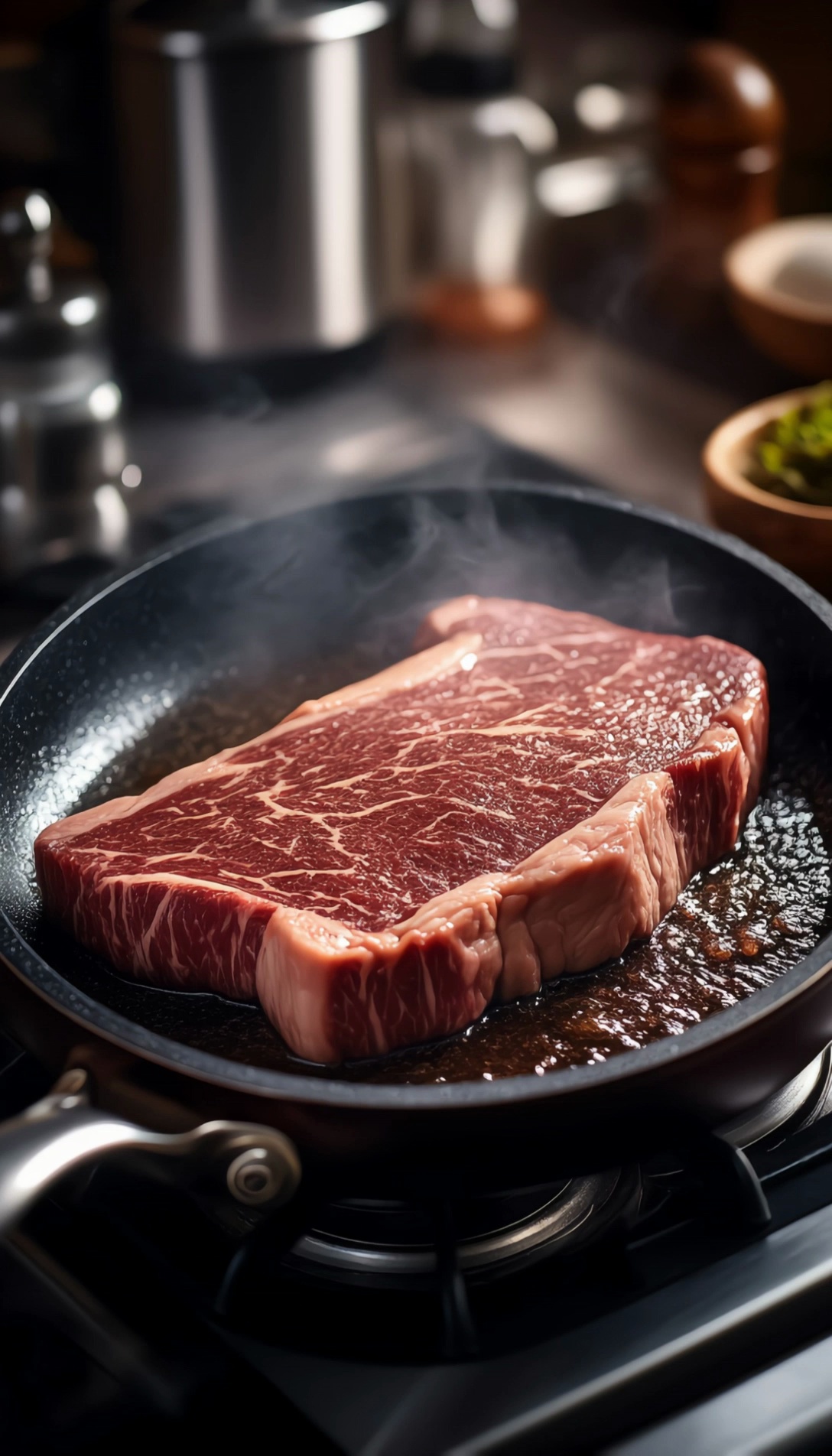 Sizzling Steak On Hot Pan With Grill Marks Video 2 Thumbnail
