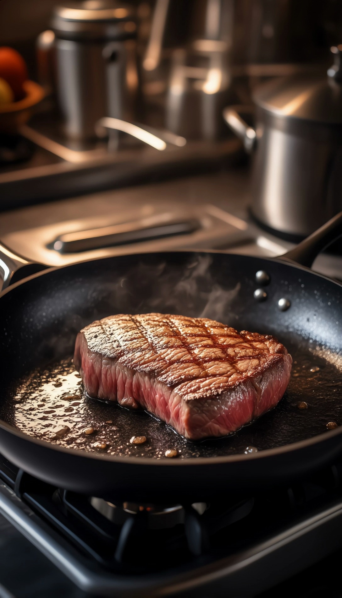 Sizzling Steak On Hot Pan With Grill Marks Video 3 Thumbnail