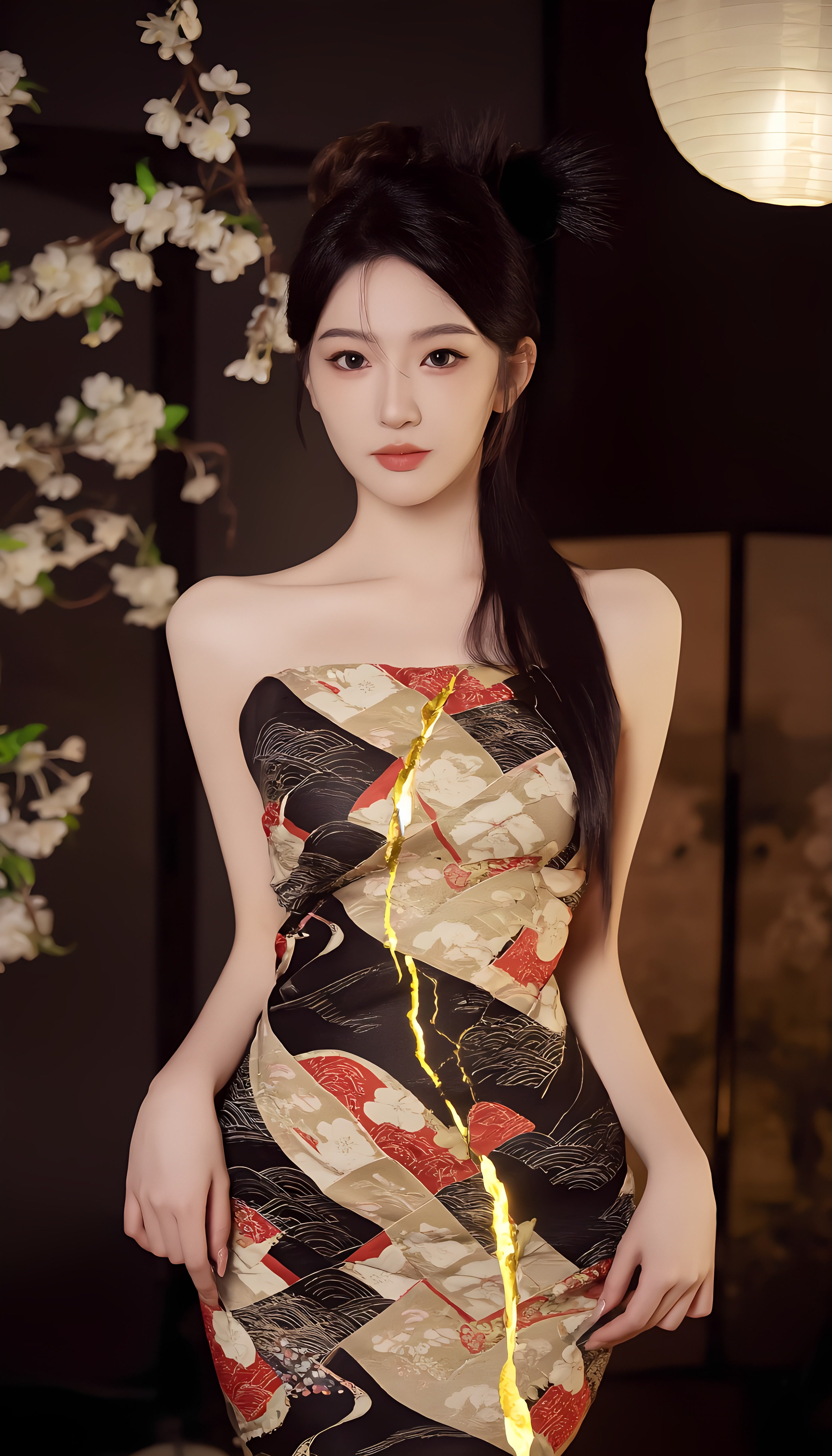 Woman In Kintsugi Inspired Kimono With Glowing Gold Pattern