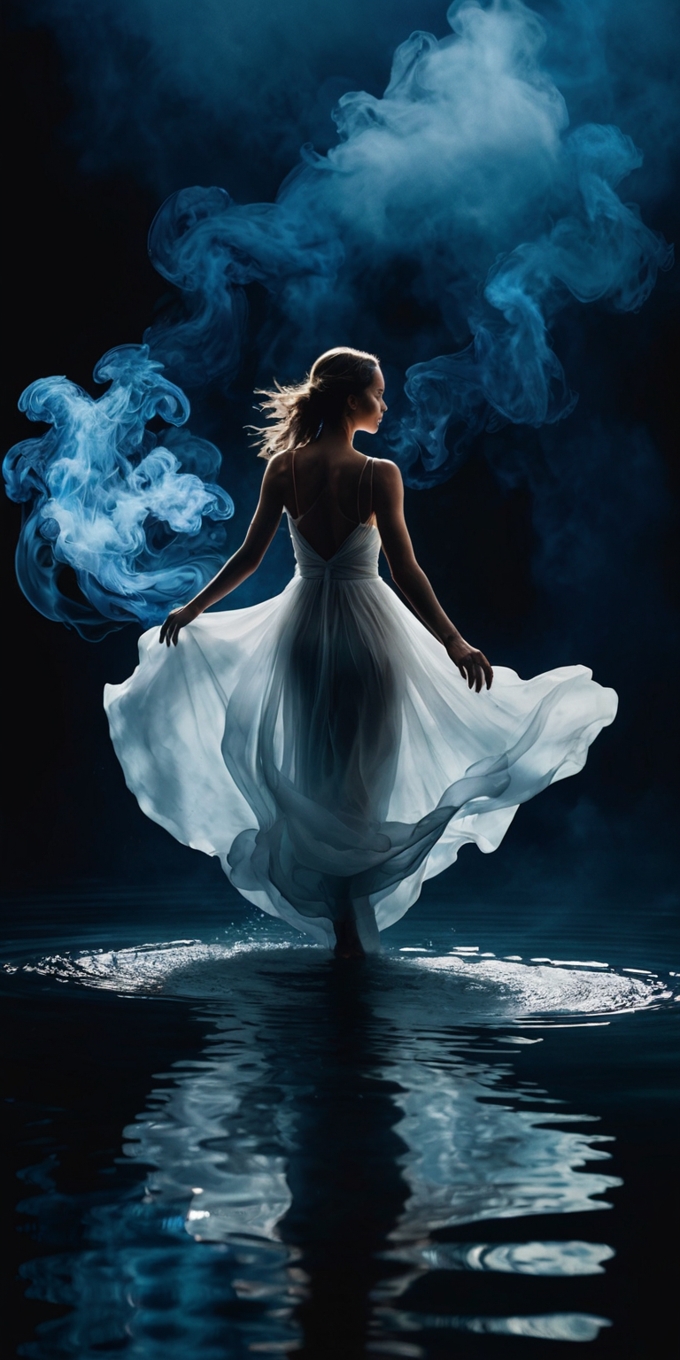 Woman In White Dress Dancing On Water With Blue Smoke