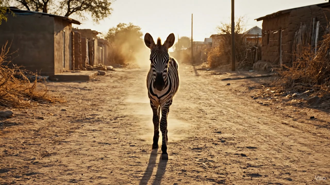 Zebra Walking Along Sunset Village Road Video – video thumbnail