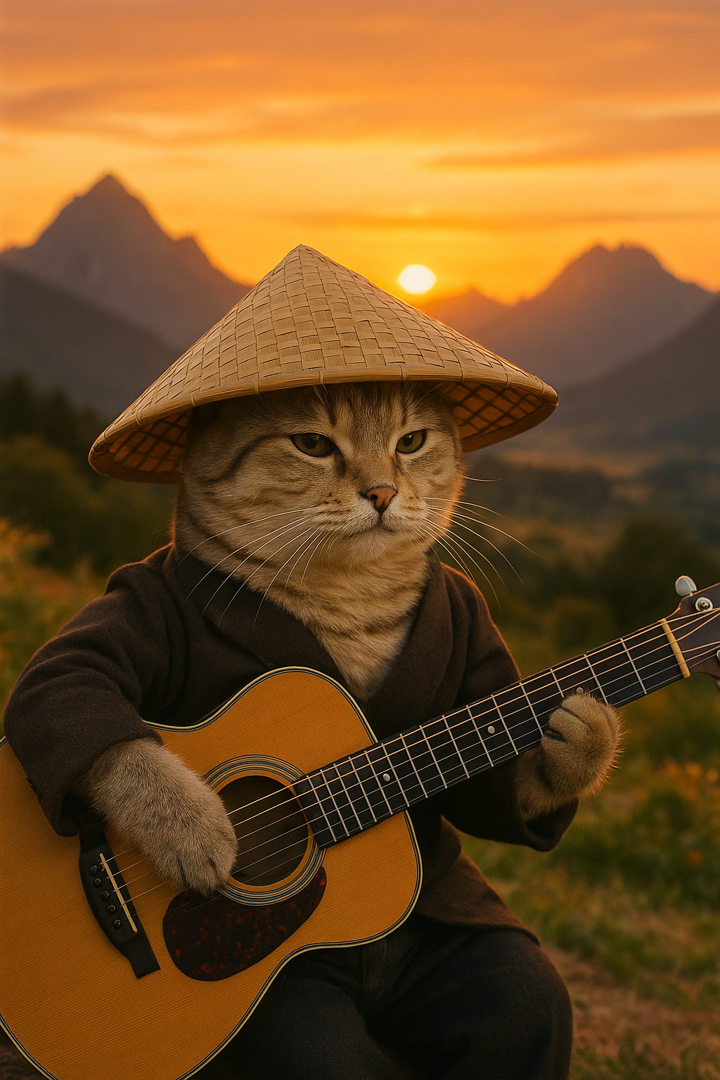 Cat Guitar Mountain Sunset Hat 1
