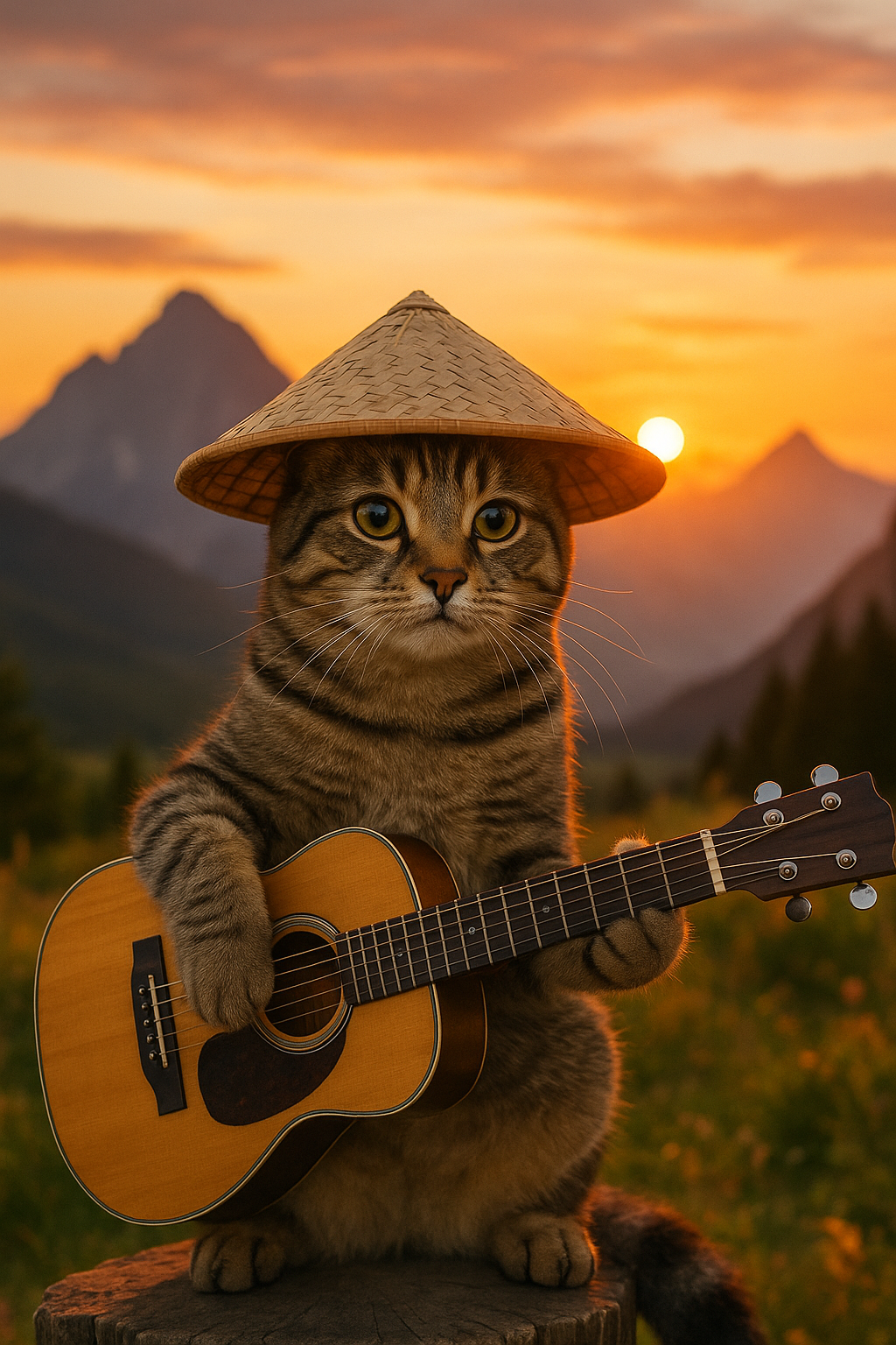 Cat Guitar Mountain Sunset Hat 2