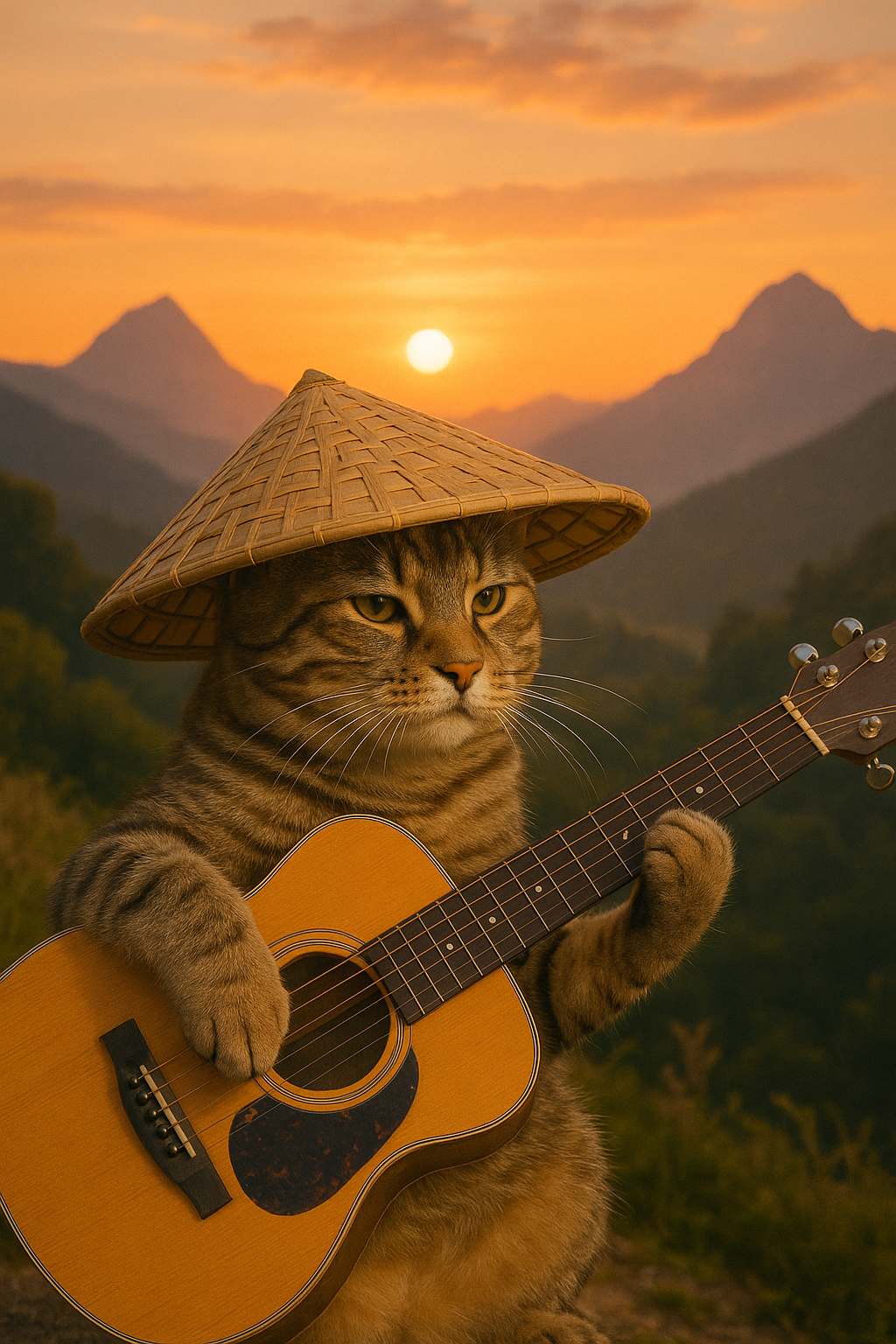 Cat Playing Guitar Mountain Sunset