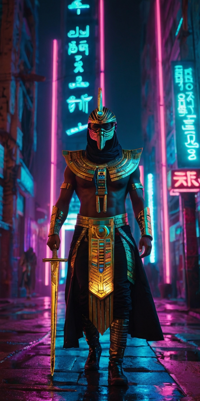 Cyberpunk Egyptian Warrior Neon City 1