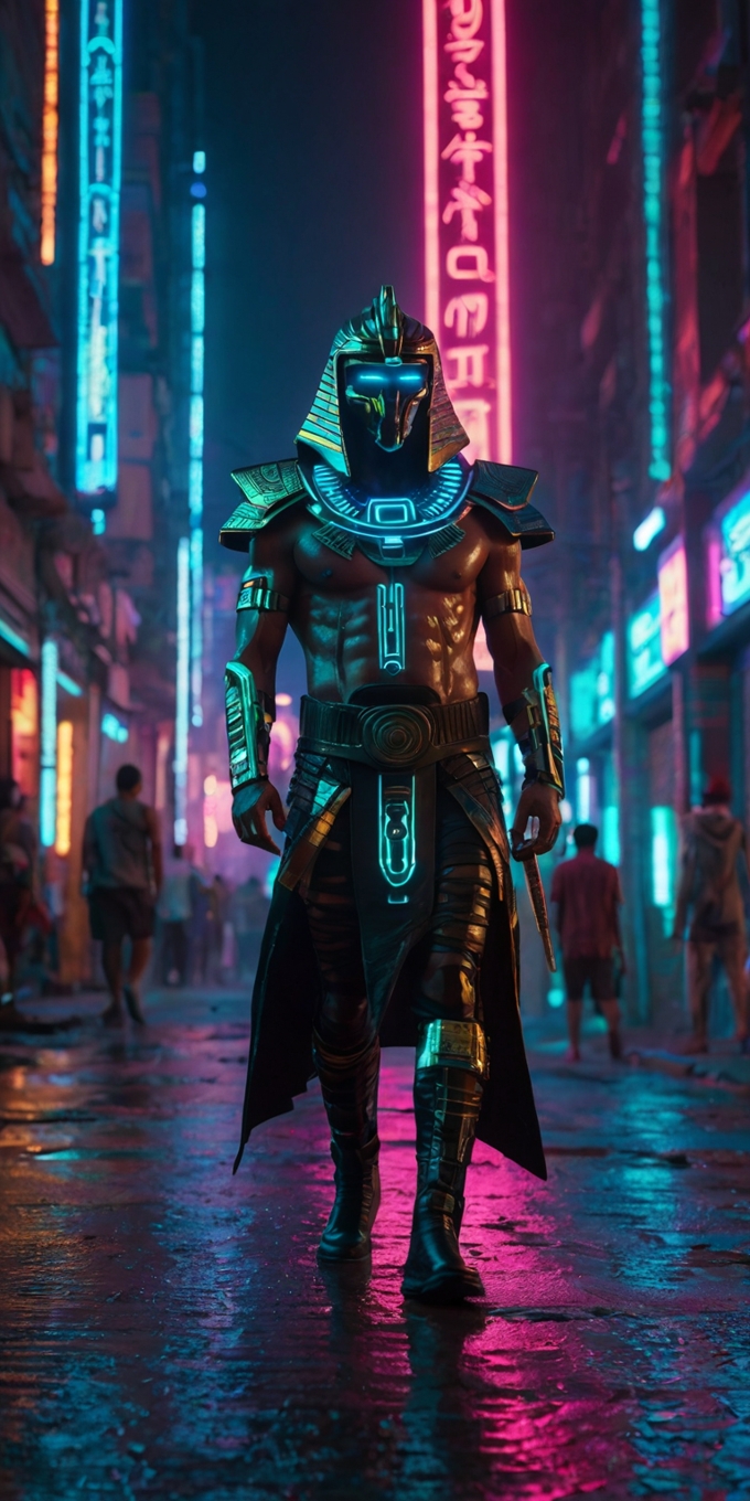 Cyberpunk Egyptian Warrior Neon City 2