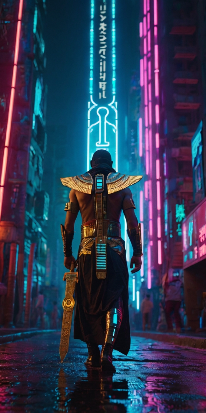 Cyberpunk Egyptian Warrior Neon City 3