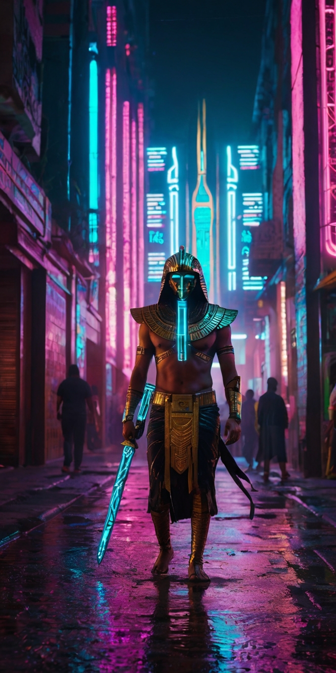 Cyberpunk Egyptian Warrior Neon City 4