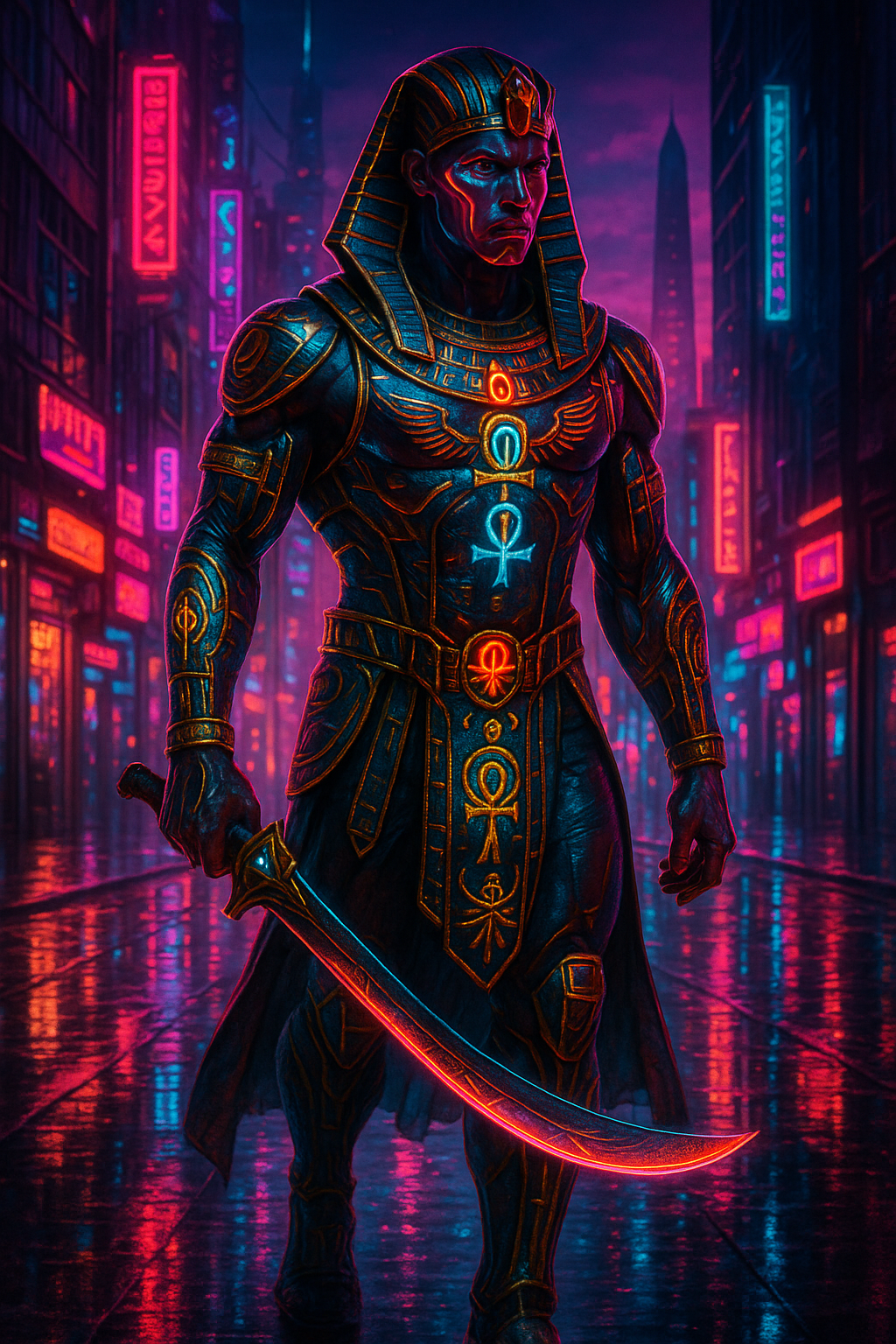 Cyberpunk Egyptian Warrior Neon City