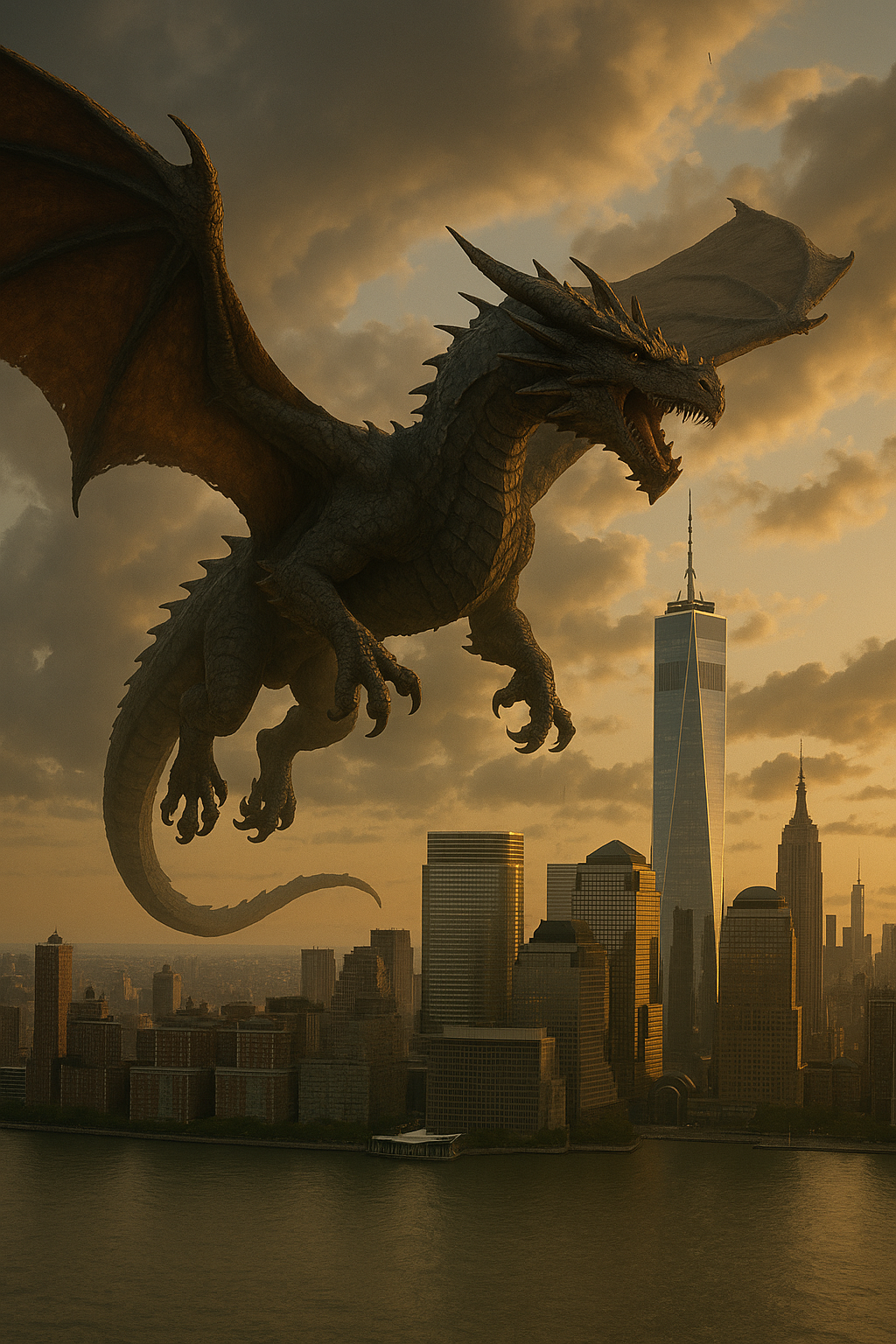 Dragon Flying Over City Sunset