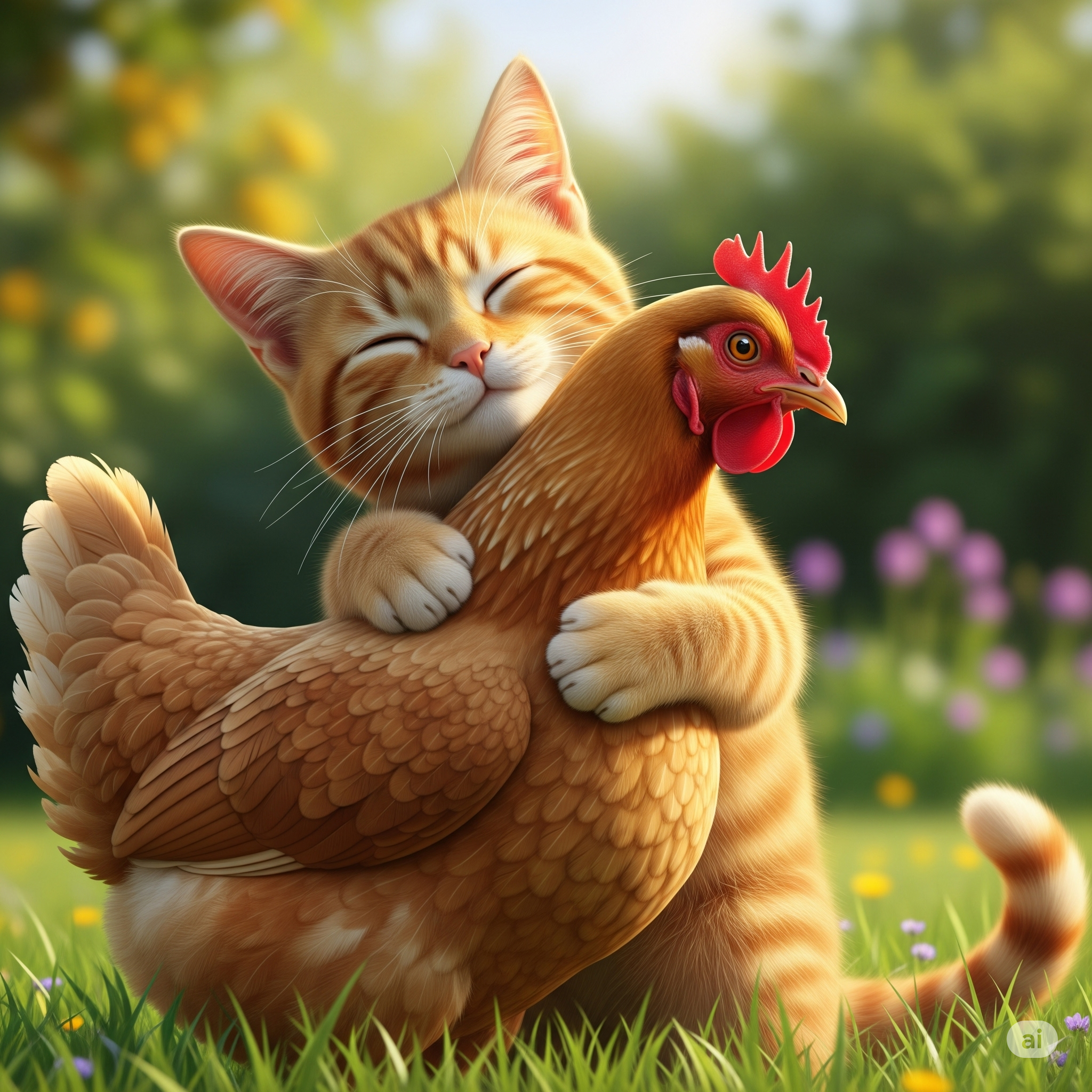 Kitten Hugging Hen Garden