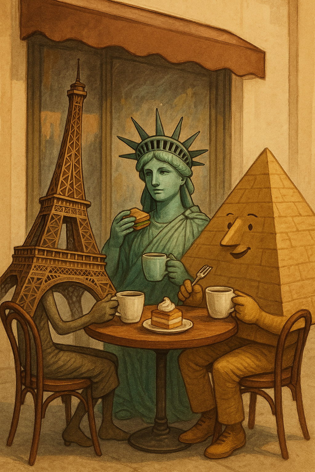 Landmarks Cafe Statueofliberty Eiffeltower Pyramid