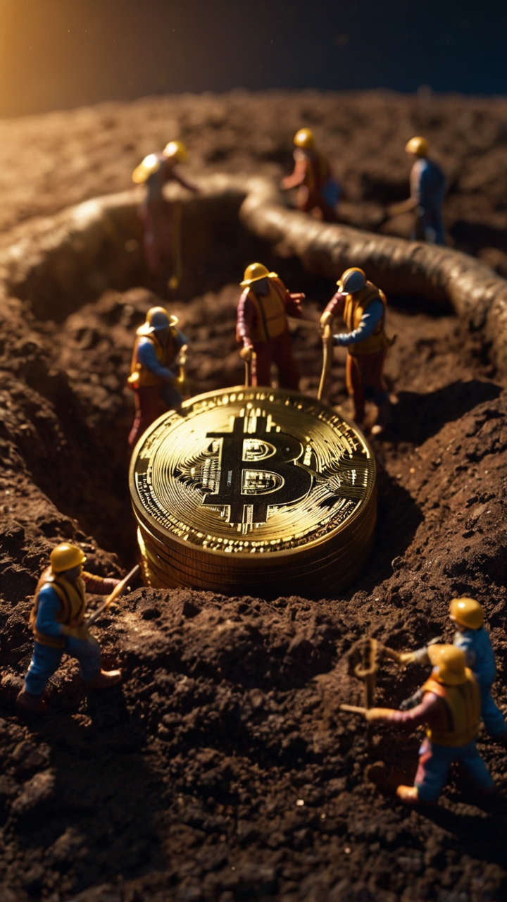 Miniature Workers Mining Giant Bitcoin 1