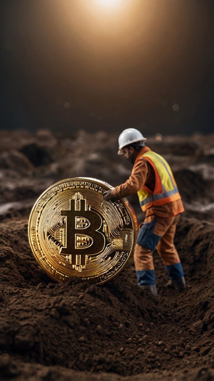 Miniature Workers Mining Giant Bitcoin 3