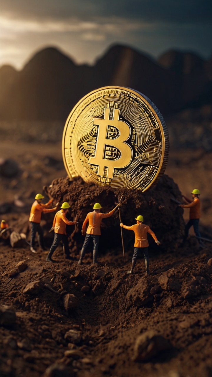 Miniature Workers Mining Giant Bitcoin 4