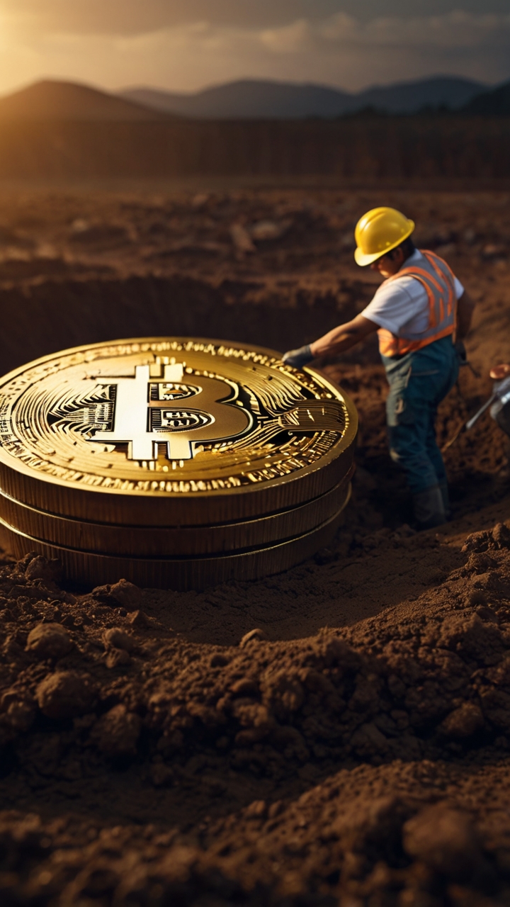 Miniature Workers Mining Giant Bitcoin 5