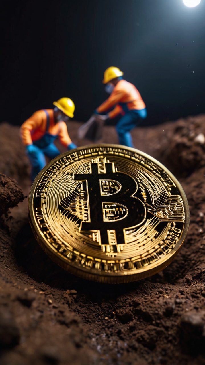 Miniature Workers Mining Giant Bitcoin 6