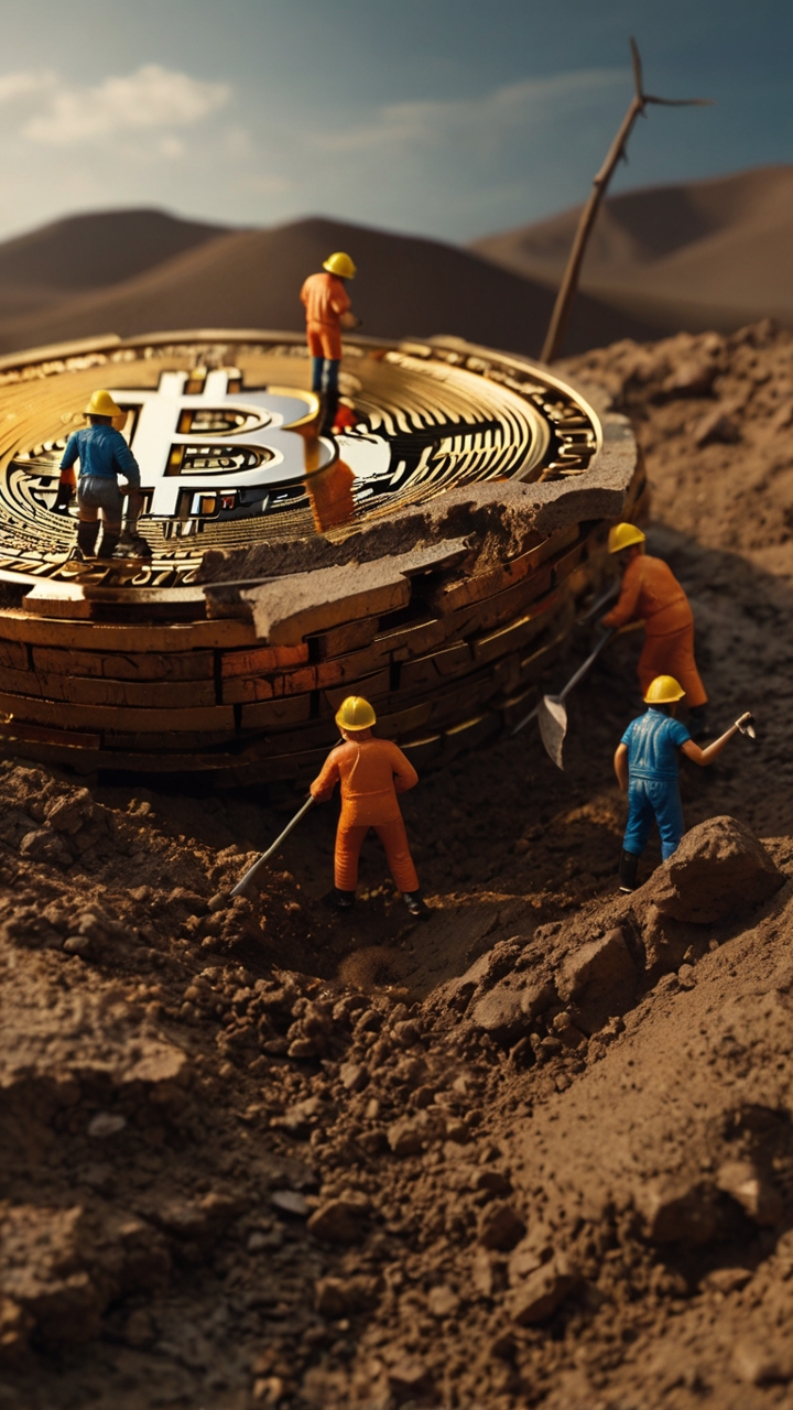 Miniature Workers Mining Giant Bitcoin 7
