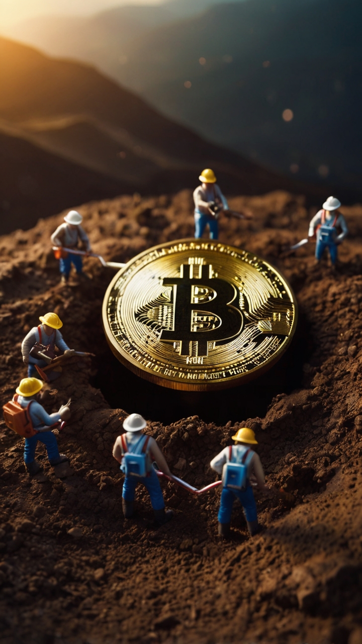 Miniature Workers Mining Giant Bitcoin 8