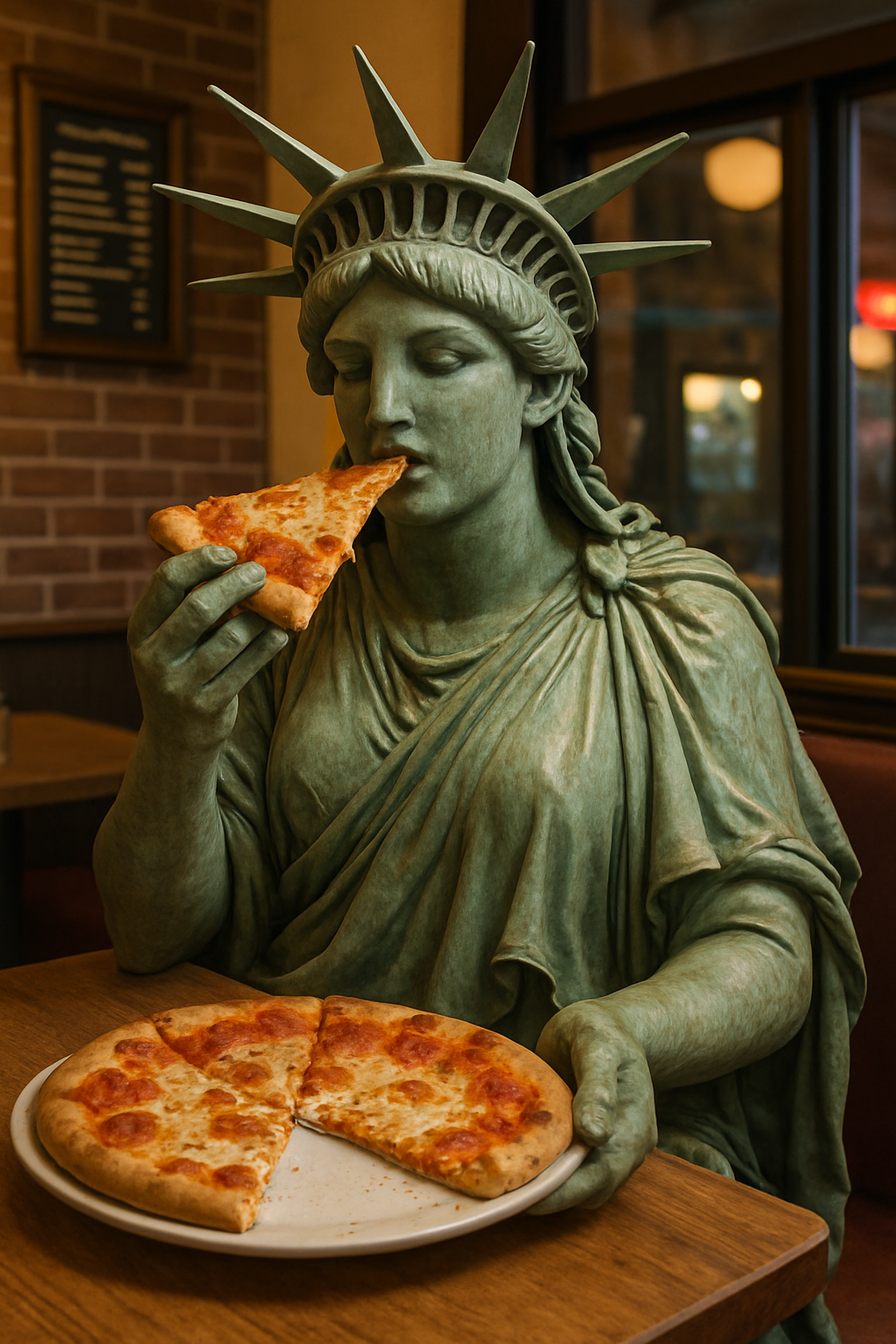 Statue Liberty Eating Pizza Restaurant