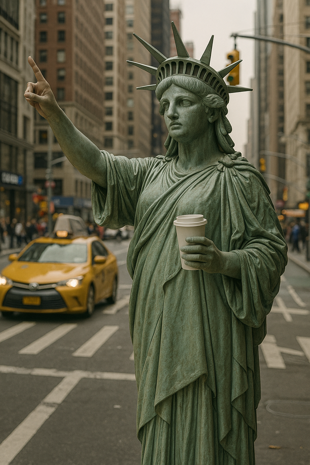 Statue Liberty Hailing Taxi Coffee 1