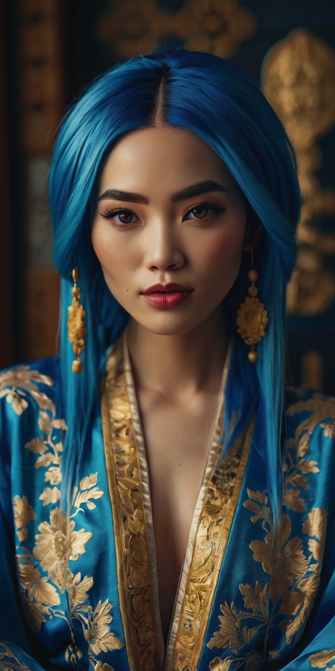 Woman Blue Hair Embroidered Robe Portrait 1