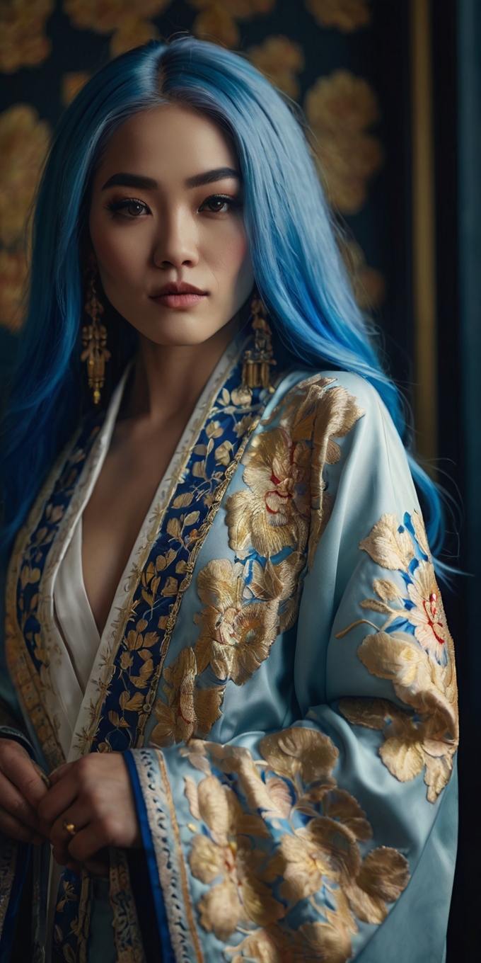 Woman Blue Hair Embroidered Robe Portrait 2
