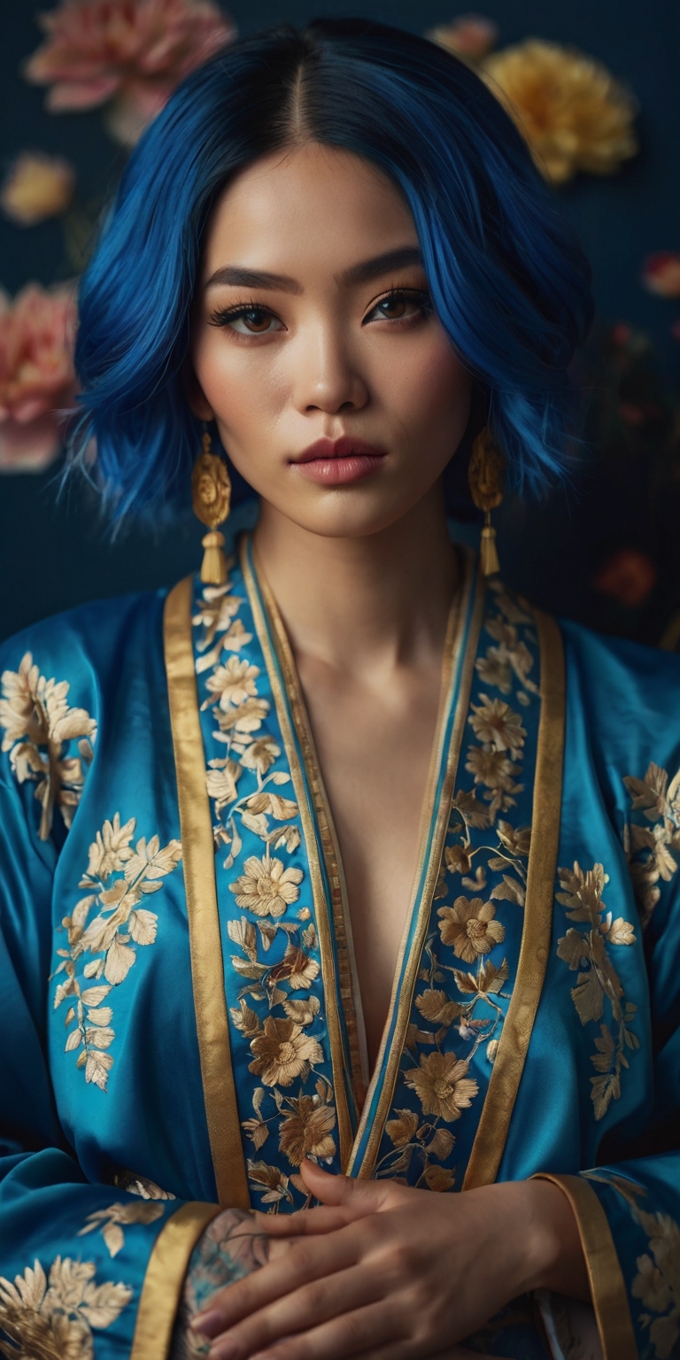 Woman Blue Hair Embroidered Robe Portrait 3