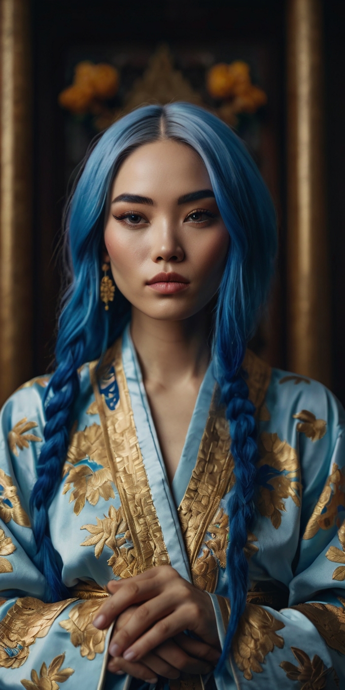 Woman Blue Hair Embroidered Robe Portrait 4
