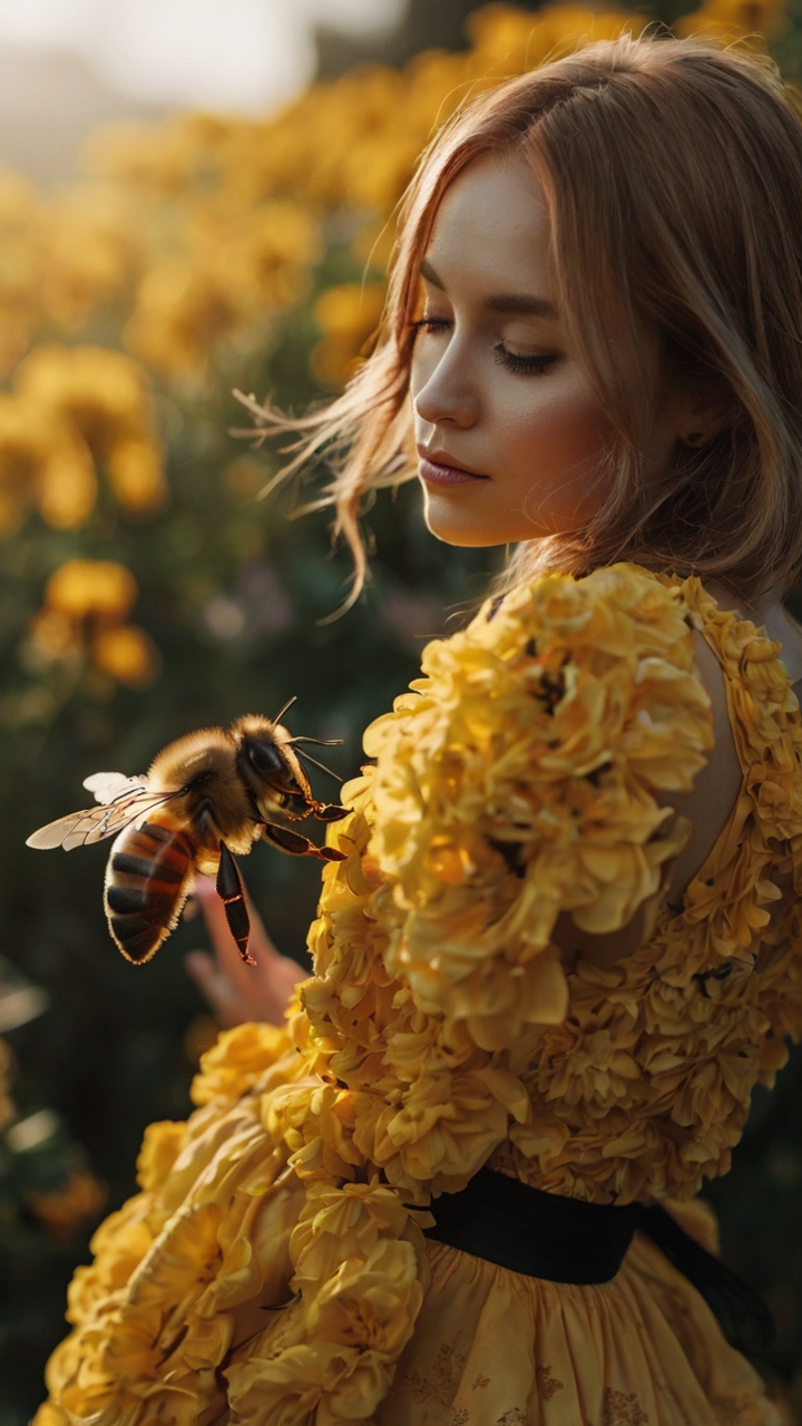 Woman Yellow Flowers Honeybee