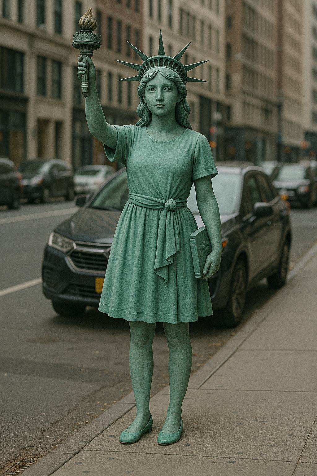 Young Statue Liberty City Sidewalk